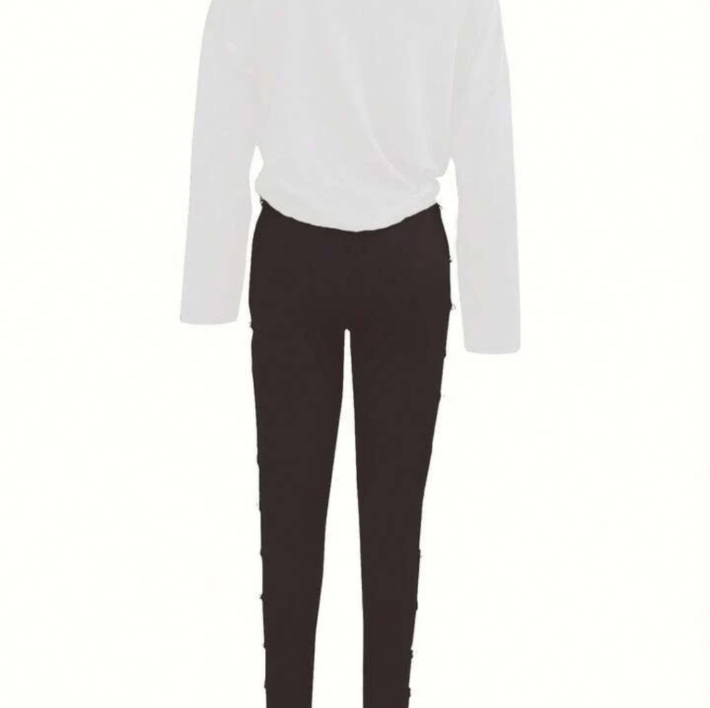 White Off-Shoulder Beaded Top and Black Pants Set - Picture 3 of 3